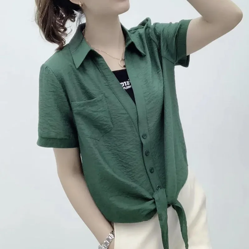 2024 New Summer Korean Style Retro Sweet Loose Casual Simplicity Women's Shirt Solid Button V Neck Short Sleeve Polyester Tops