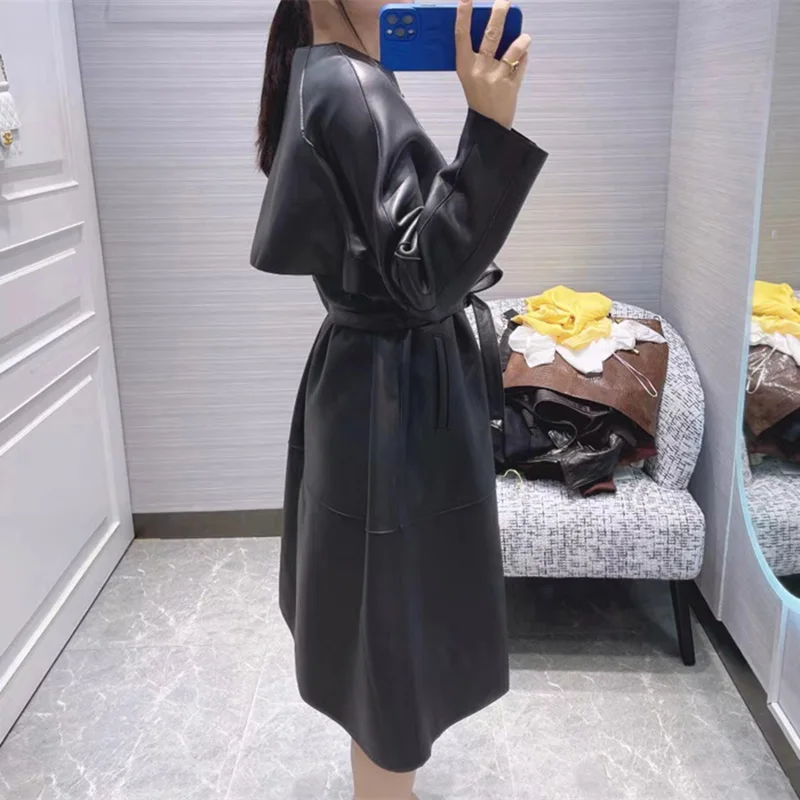 2022 New Women Leather Jacket Belt Solid Zipper Genuine Sheepskin Moto Long Trench Coats High Quality Fashion Streetwear AEL4940