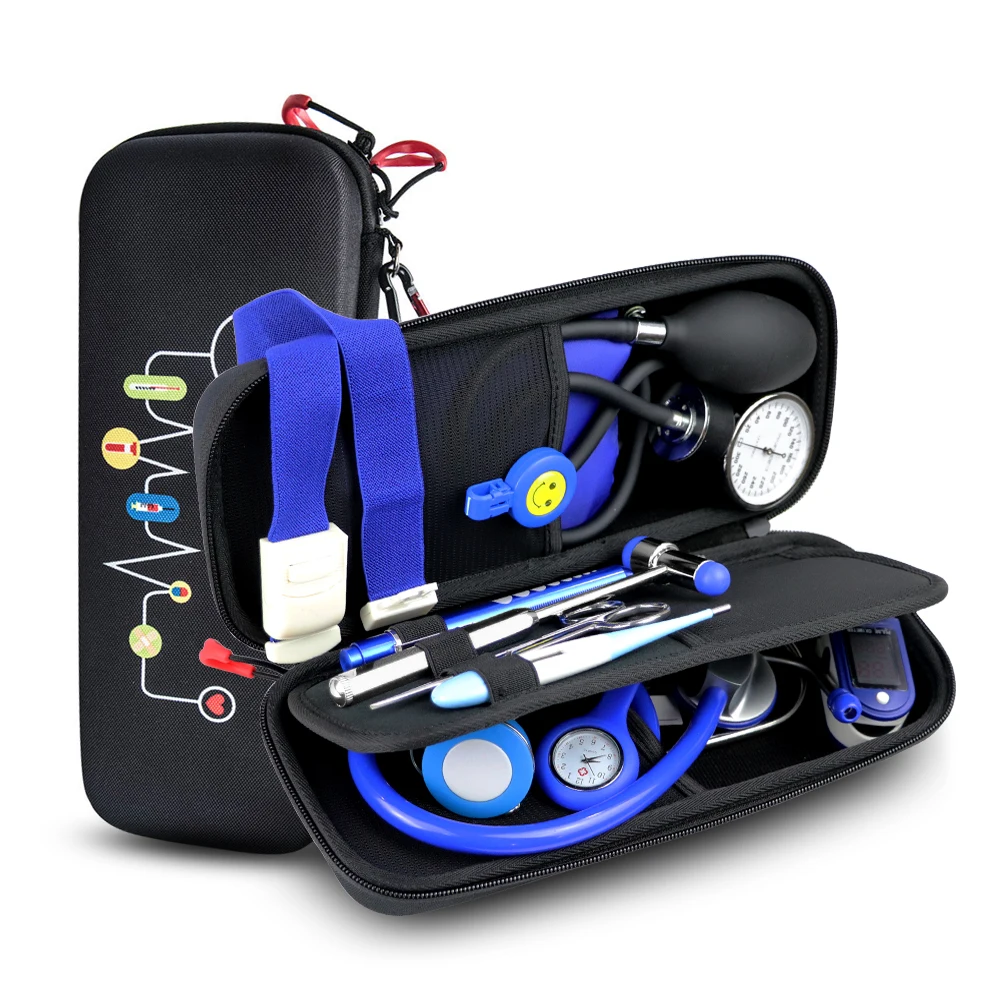 Blue Storage Medical Kit Health Monitor Bag Pouch with Stethoscope BP Manometer Reflex Hammer First Aid Tourniquet Penlight Set