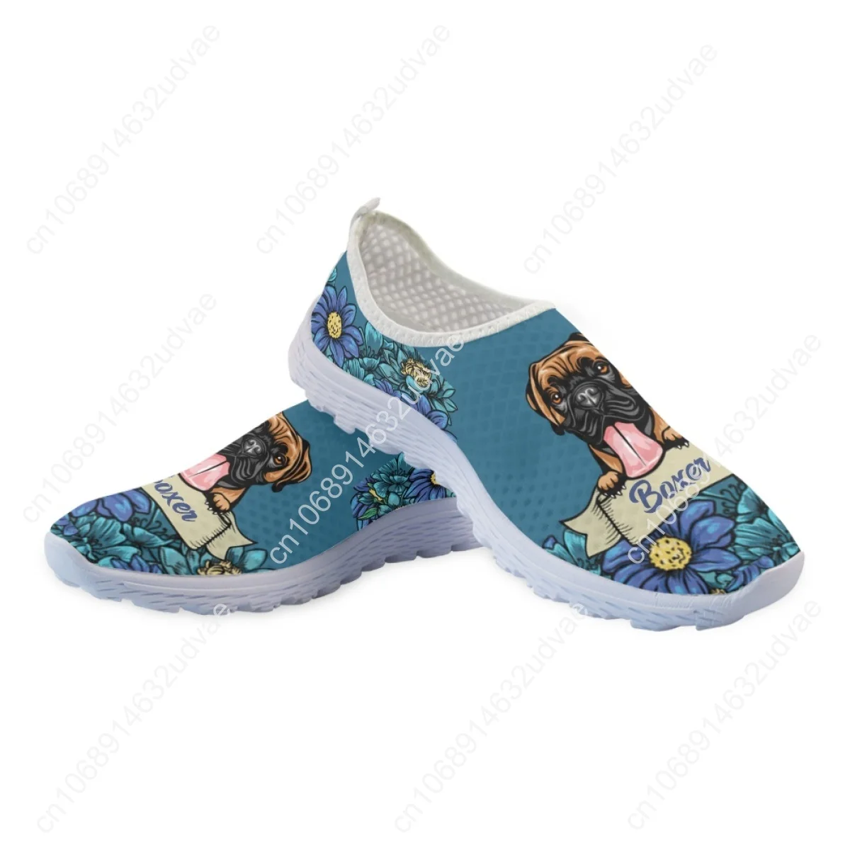 Lovely Boxer Dog Print Slip-on Mesh Shoes Custom Personalized Flats for Dog Lovers Floral Light Loafers for Mom Gift