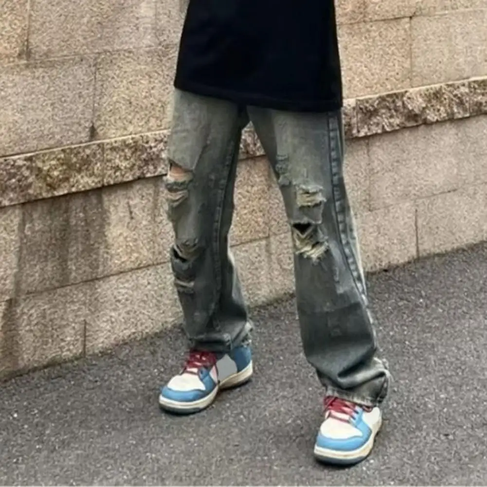 

Distressed Washed Jeans Streetwear Men's Ripped Hole Wide Leg Jeans with Multi Pockets Distressed Details for Casual Hip Hop
