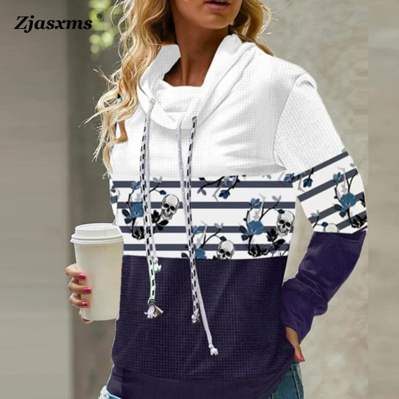 

Women Double Collar Floral Skull Hooded New Autumn Winter Casual Loose Sweatshirt Female Waffle Patchwork Drawstring Hoodies Top