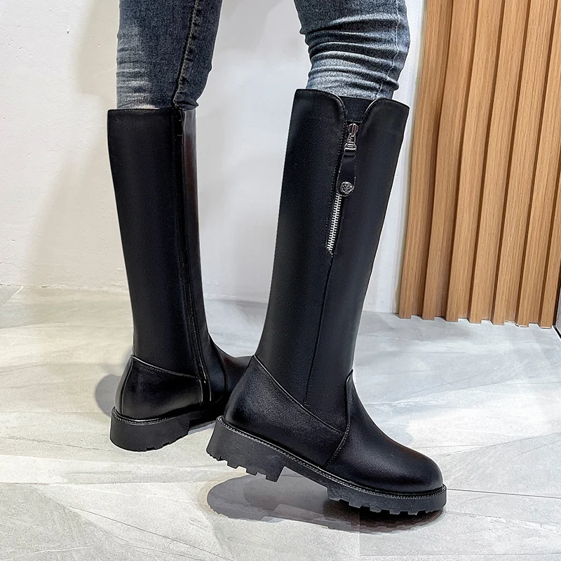 Women Knee Med Heel Boots Woman Zipper  Round Toe Boots-Women Over-the-Knee Autumn 2024 Lolita Rubber Ladies Rome PU Basic Fabri