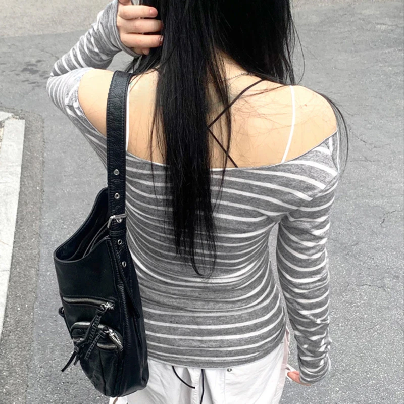 Spring Fall Women's New Japanese Basic Models Slim Long-Sleeved Striped t-Shirt Strapless Korean Street Style y2k Thin Tops 4
