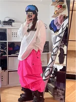 Unisex Oversize Fluorescent Pink Ski Pants Women Men Outdoor Windproof Waterproof Snow Sports Bibs Trousers Ski Snowboard Pants 2