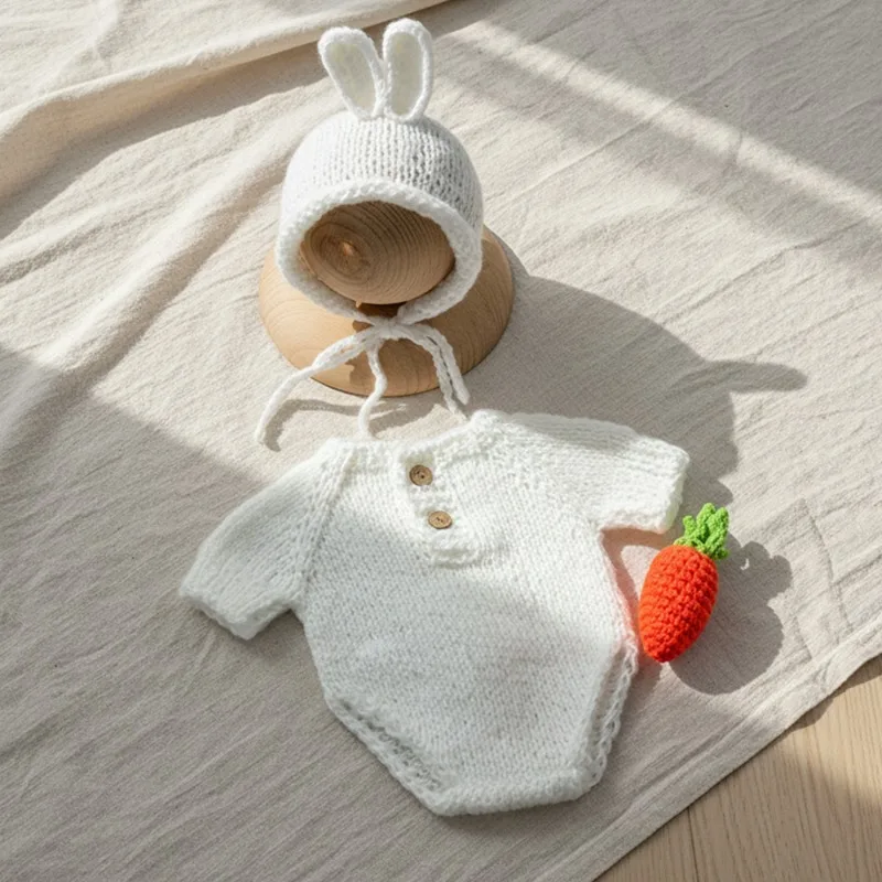 사진 소품 3pcs 모헤어 토끼 모자 Romper 당근 세트 사진 촬영 복장 스튜디오 액세서리