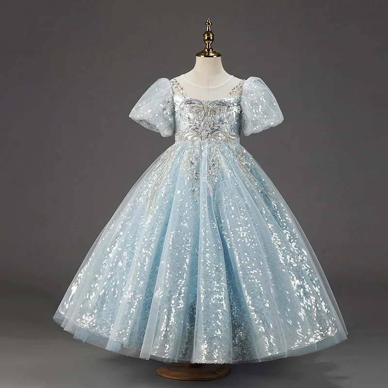 Kids Flower Girl Evening Dresses for Weddings Sky Blue Long Luxury 2023  Party Gown Princess Costume Children Formal Sequin Dress - AliExpress 1501