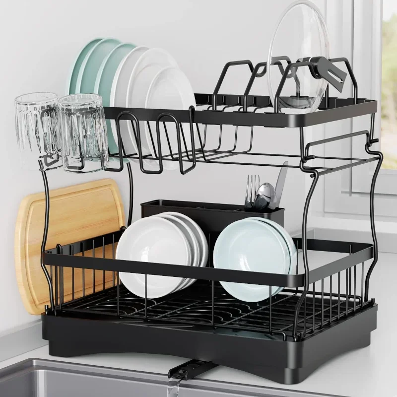 

Aonee Dish Drying Rack, 2 Tier Dish Rack with Water Locking Function Drainboard, Pot Rack, Cutlery Holder, Cutting-Board