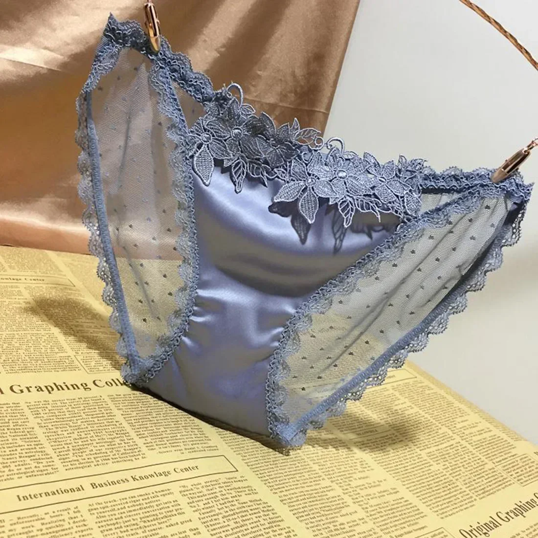 Elegant Satin Lace Embroidered Transparent Women's Underwear