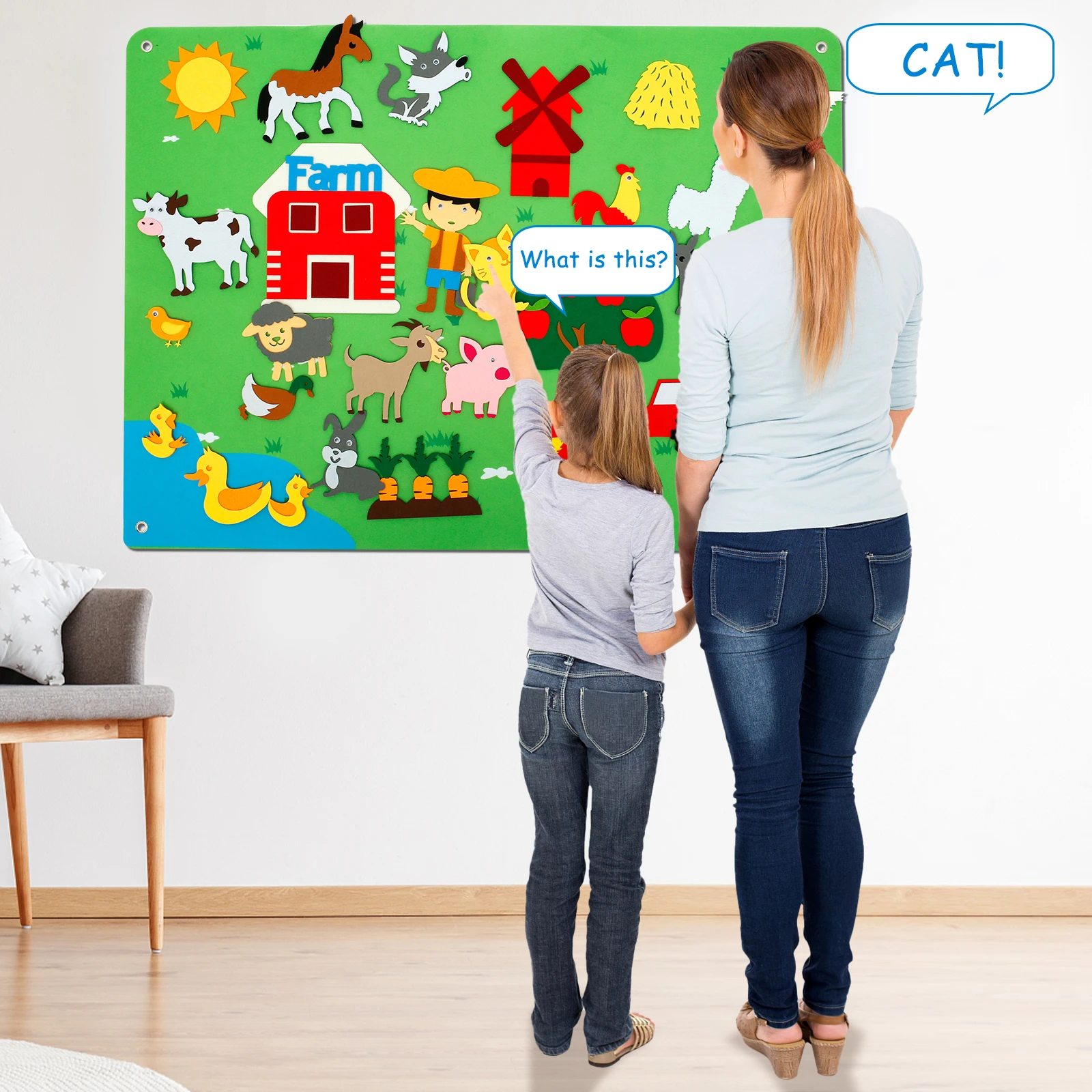 3.5Ft Children's Teaching Felt Board Farm Animals Felt-Board Story Set Early Learning Interactive Play Set Zoo Flannel Board