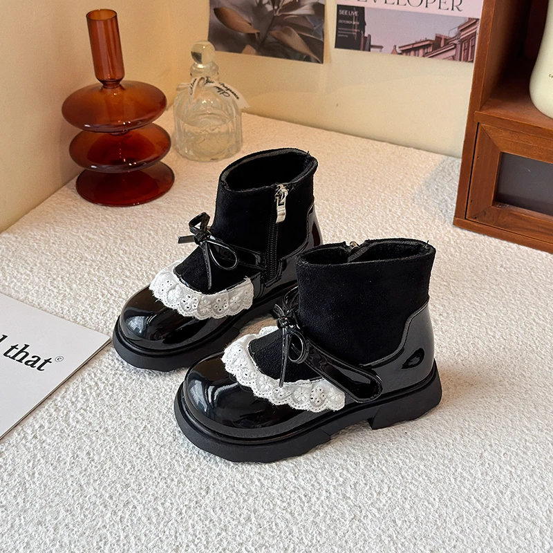 New Girls Platform Ankle Boots Wine Red Bowknot Children Fashion Princess Boots Wedding Party Kids Causal Short Boots Hook Loop