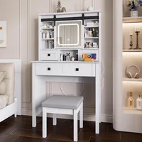 Farmhouse Makeup Vanity Desk with Sliding Mirror, Vanity Set with Stool & Charging Station & 3 Brightness Lights, Ample Storage, 2