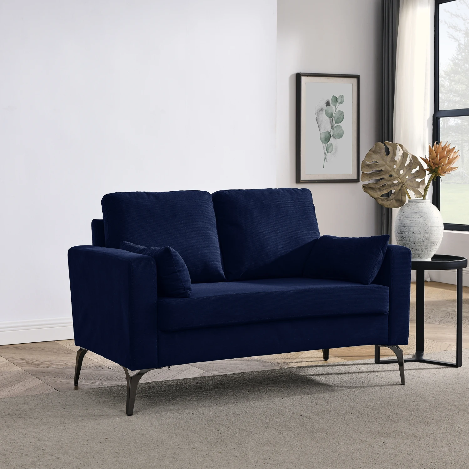 

Navy Corduroy Loveseat Sofa for Living Room with Square Arms and Tight Back Design, Includes Two Small Pillows for Extra Comfort