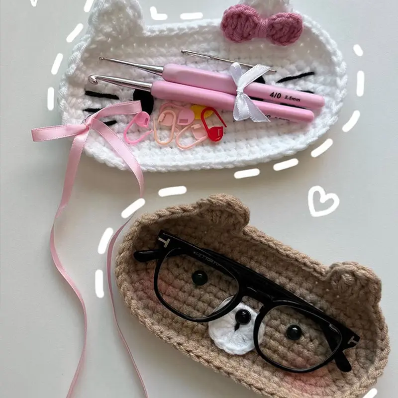 1PC Handmade Crochet Animal Series Eyeglasses Storage Box Woolen Knitting Eyeglasses Storage Tray Holiday Gift Material Kit