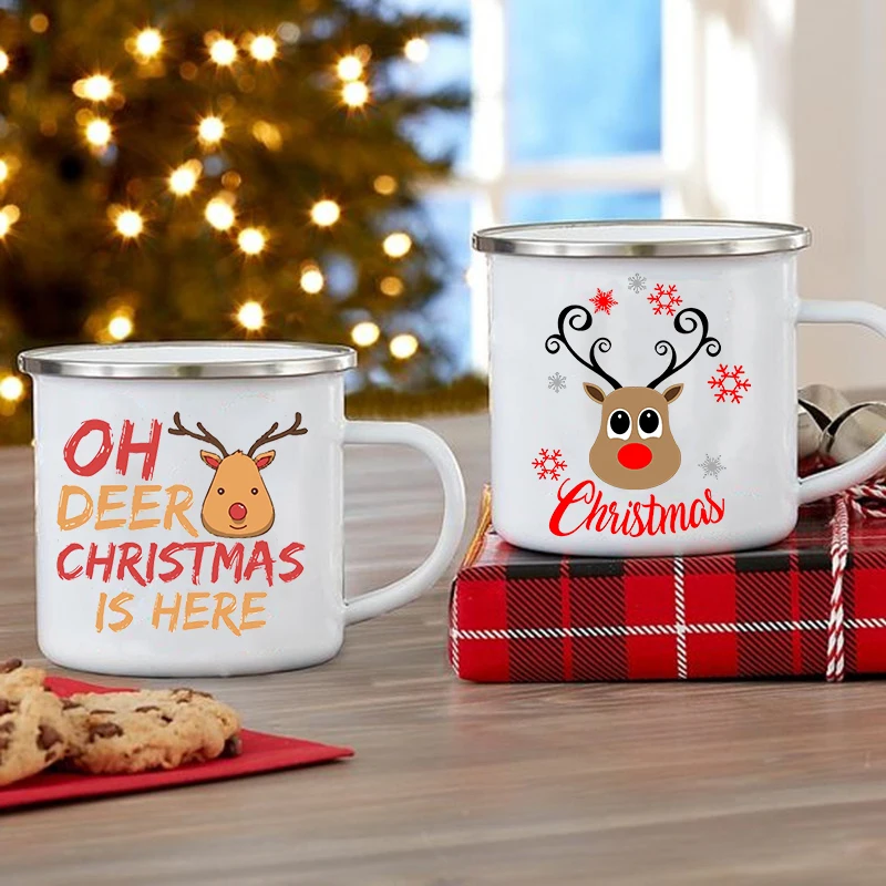 

Deer Christmas Is Here Print Creative Coffee Cup Christmas Party Drinks Beer Juice Milk Mugs Handle Enamel Cups Christmas Gifts