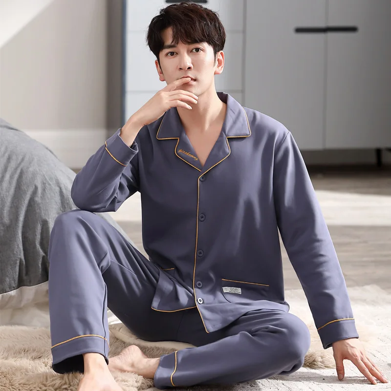 2024 Men Pyjama Full Cotton Spring Long Sleeve Print Lattice Suit Autumn Nightwear Collar  Male Sleepwear Two Piece SizeL-4XL