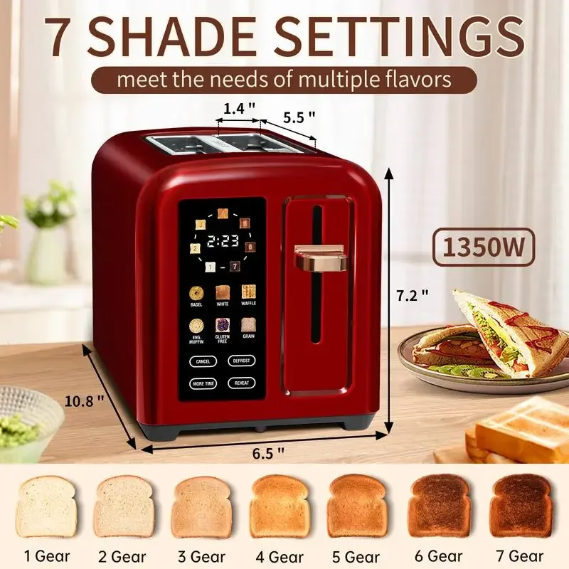 Stainless Toaster LCD Display&Touch Button,Toaster 2 Slice, 50% Faster Heating Speed, 1.4'' Wide , 4 Basic+More Timer Functions