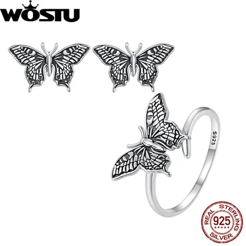 WOSTU 925 Sterling Silver Butterfly Earrings Open Ring Set Oxidized Silver for Women Girl Party Gift Vintage Adjustable Jewelry 1