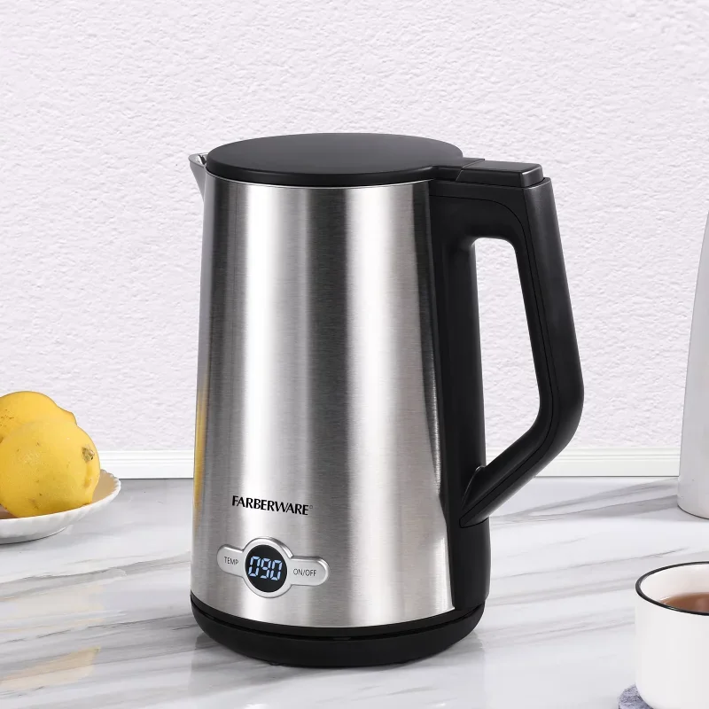 

1.7 Liter Electric Kettle, Double Wall Stainless Steel and Black Samovar Household Appliances