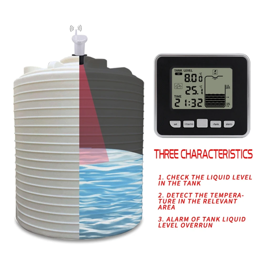 Wireless Ultrasonic Water Level Indicator Gauge Water Tank Sensor Liquid Level Sensor Temperature Meter Wireless Depth Gauge