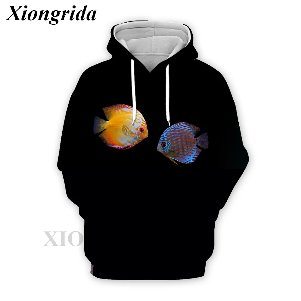 Fashion Fish Print Hoodies Men Casual Long Sleeve Tropical Fish All Over Print Sweatshirts Harajuku Unisex Sports Hood Top