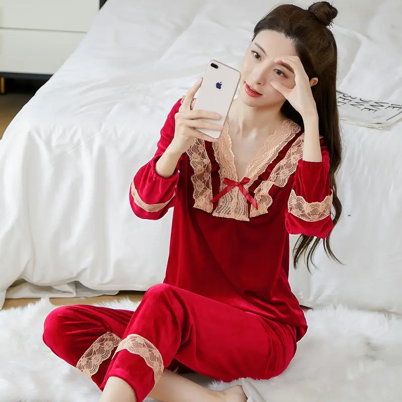 Velvet Pajama Sets Women Flower Lace Kawaii Clothes Long Sleeve Sleepwear Pajama Pant Korean Homewear Spring Autumn 2 Piece Suit