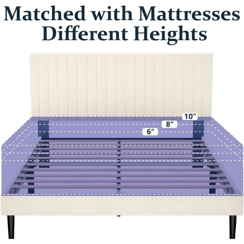 Size Platform Bed Frame with Velvet Upholstered Headboard, Strong Wood Slats, Box Spring Optional, Mattress Foundation 6