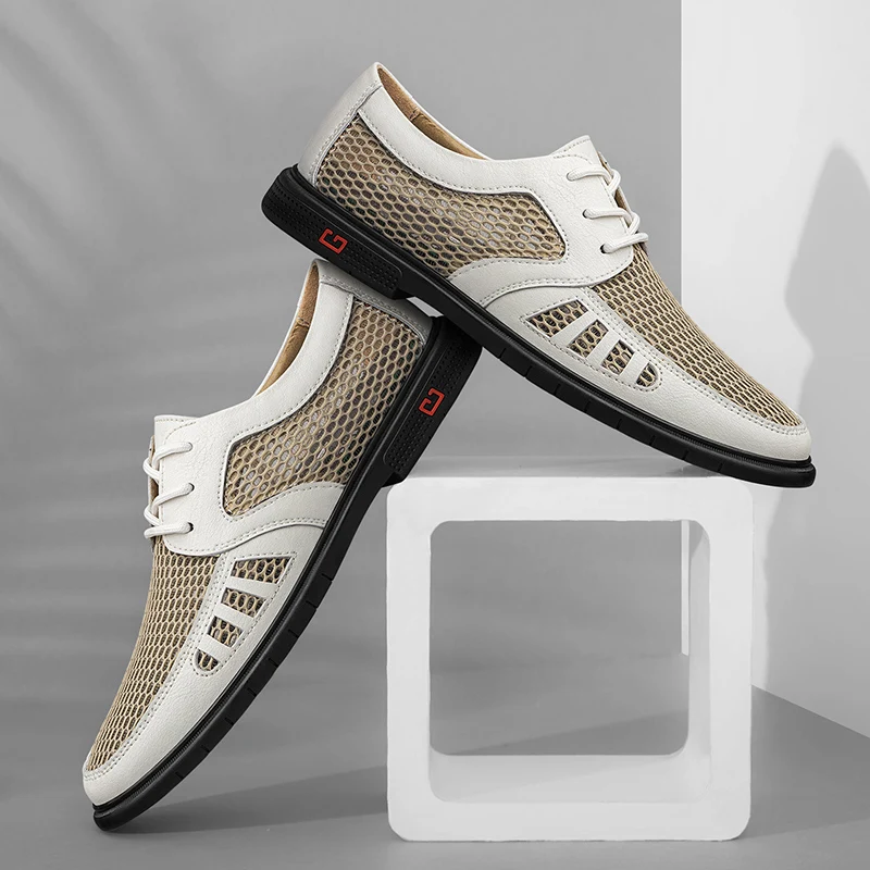Summer Business Men's Dress Shoes Mesh Breathable Man Fashion Casual Shoes Genuine Leather Oxfords Work Zapatos Hombre