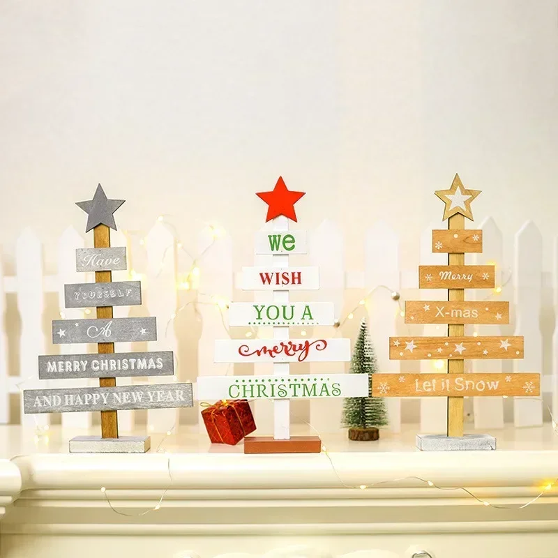 New Christmas Mini Wooden Merry Christmas Tree Home Desk Table Decor Pendants Xmas Tree Ornaments Christmas Decor Happy New Year