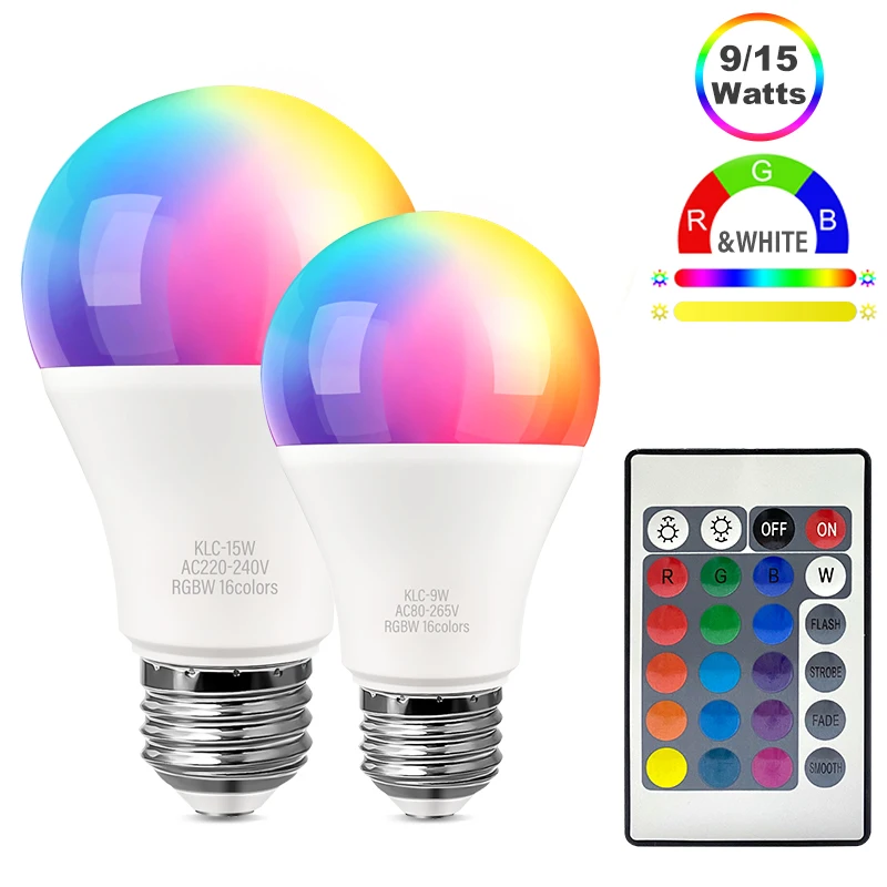 Description Picture 2 of itemE27 LED RGB Bulb Lights 9W 15W RGBW Light 110V LED Lampada 16 Colors 24 Key IR Remote Control Lamp 220V Base Household Led Light