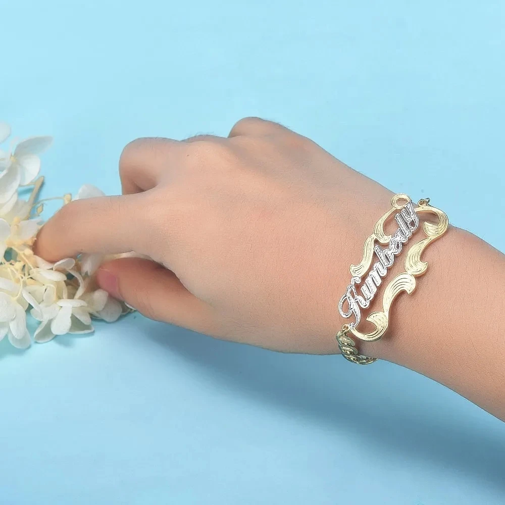 Customized Name Bangles Two Tone Gold Plated Stainless Steel 18K Gold Personalized Name Bracelets For Women Fashion Jewelry