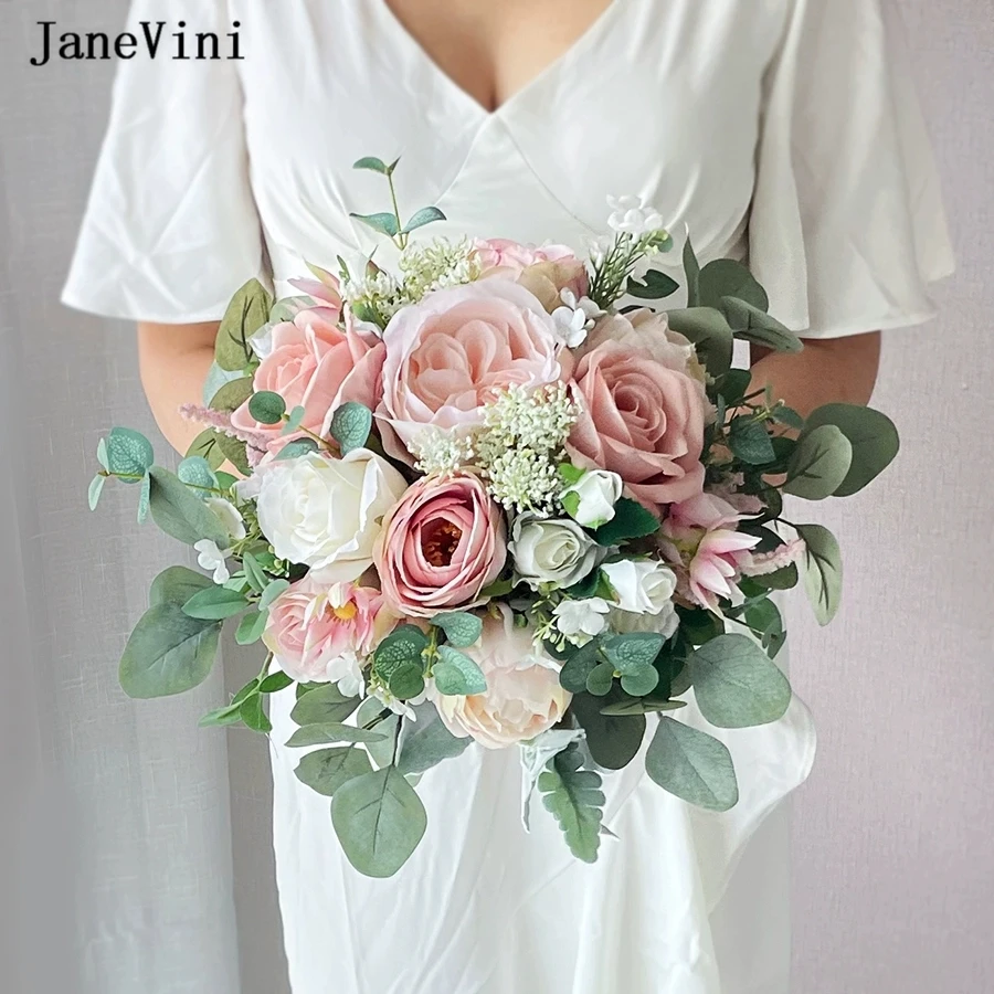 

JaneVini New Romantic Eucalyptus Silk Roses Bridal Bouquets Artificial Dusty Pink Flowers Europe Style Wedding Bouquet for Bride