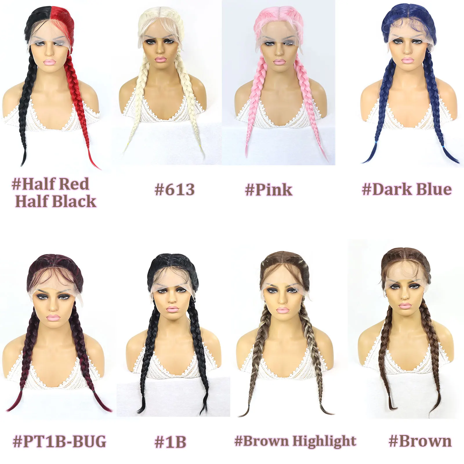 26Inch Brown Braided Wigs Middle Part Synthetic Double Dutch Box Braided Wig With Baby Hair Pink/Red Lace Front Wigs For Women