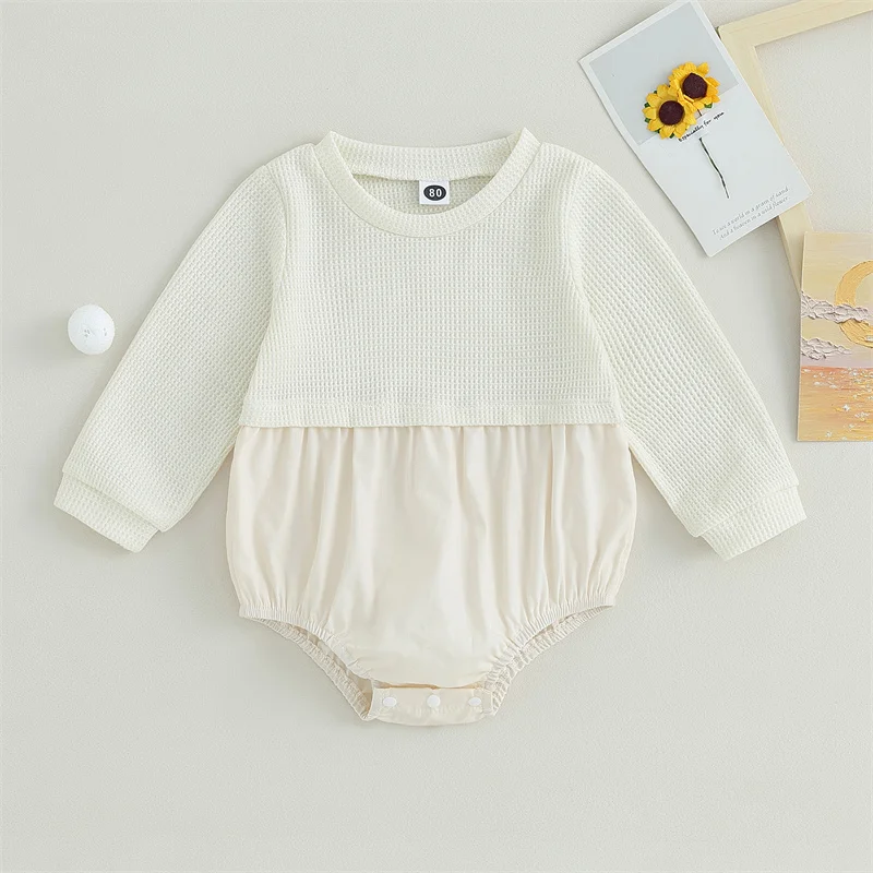 

Newborn Baby Waffle Patchwork Bodysuits Autumn Spring Long Sleeve Crew Neck Bodysuits Toddler Girls Casual Clothes