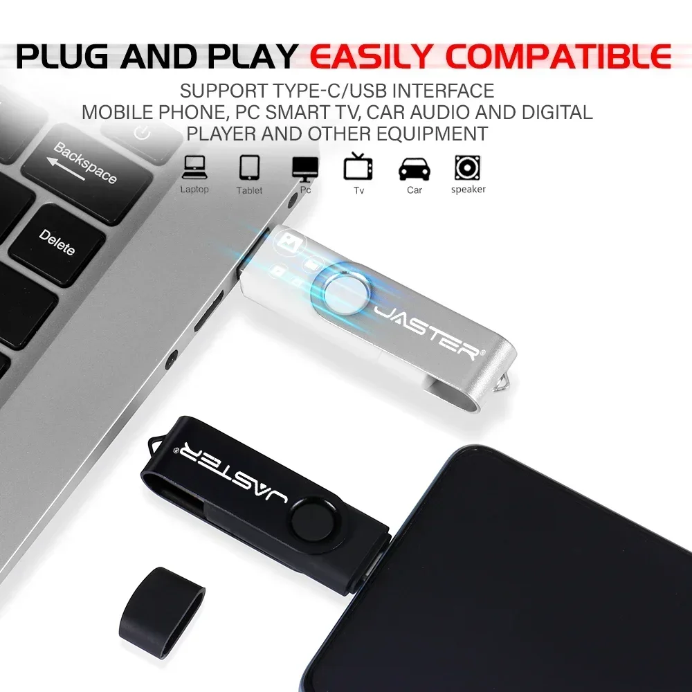 JASTER 2NI1 TYPE-C USB 2.0 Flash Drive 64GB High speed Pen drive with key chain Black Memory stick Creative Business gift U disk