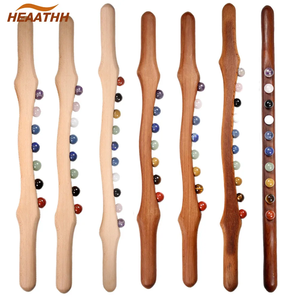 Wooden Gua Sha Massage Stick Jade Stone Beads Trigger Point Massager Soft Tissue Muscle Scraping Therapy Lymphatic Drainage wooden gua sha massage stick jade stone beads trigger point massager neck shouder waist back muscle scraping massage relaxation