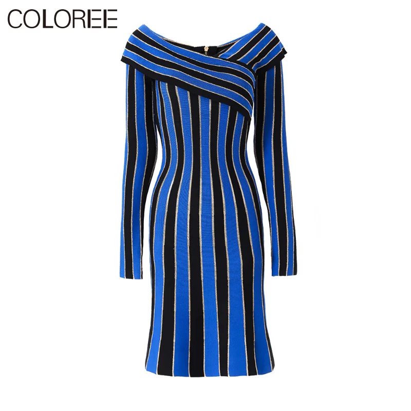 

Vintage Blue Striped Knitted Dresses for Women 2023 Spring Sexy Off Shoulder Mini Dress Runway Designer Vestidos De Fiesta