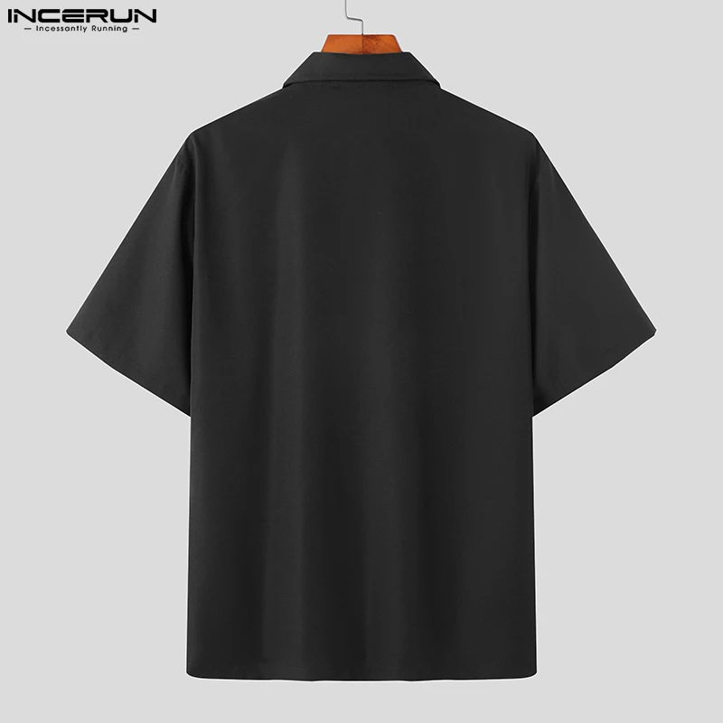INCERUN Tops 2023 Korean Style Men Zipper Design Loose Solid Shirt Casual Simple All-match Male Short Sleeved Lapel Blouse S-5XL