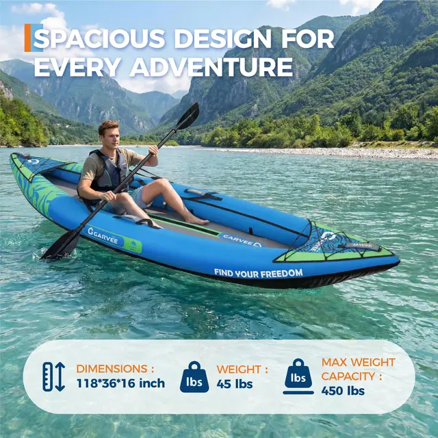 Inflatable 1/2-Person Fishing Kayak for Adults – Durable PVC Collapsible & Portable - with Padded Seats/Removable Fins/Hand Pump/Carry Bag & Repair Kit for Lake River Recreation Touring
