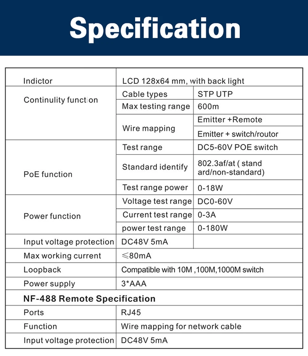 NOYAFA Netzwerkkabeltester NF-488 PoE Checker LCD-Display Kabel Tracker PoE Spannung Strom Tester Loop-Back Test – Detail 3
