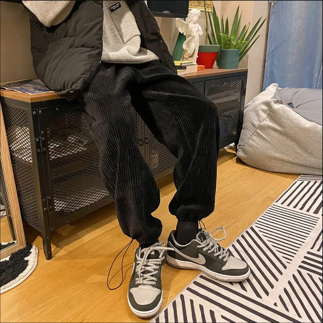 Men Casual Straight Pants Corduroy Solid Color Oversize Trousers Man Warm Korean Tie Leg Streetwear Pants casual pants corduroy pants