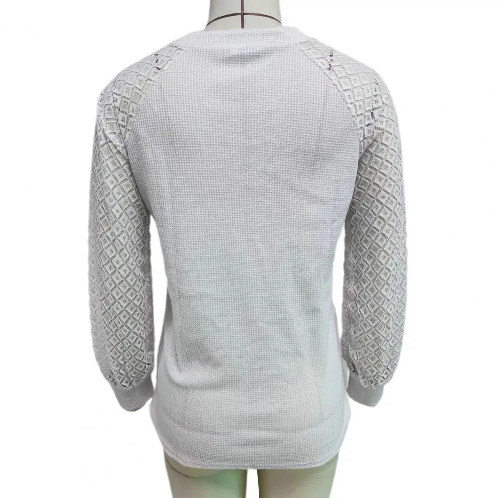 

Long Sleeve Top Stylish Women's V-neck Waffle Blouse Elegant Hollow Lace Stitching Loose Fit Lantern Sleeve Pullover Casual