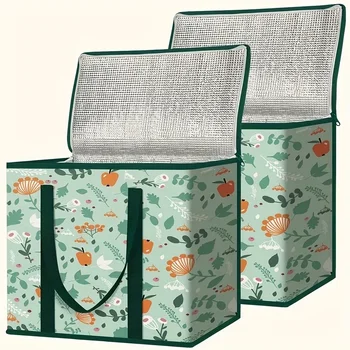 Large Reusable Grocery Bag - Keeps Food Hot/Cold for Hours, Durable Zipper Top, Spacious Interior with Storage Pockets 1