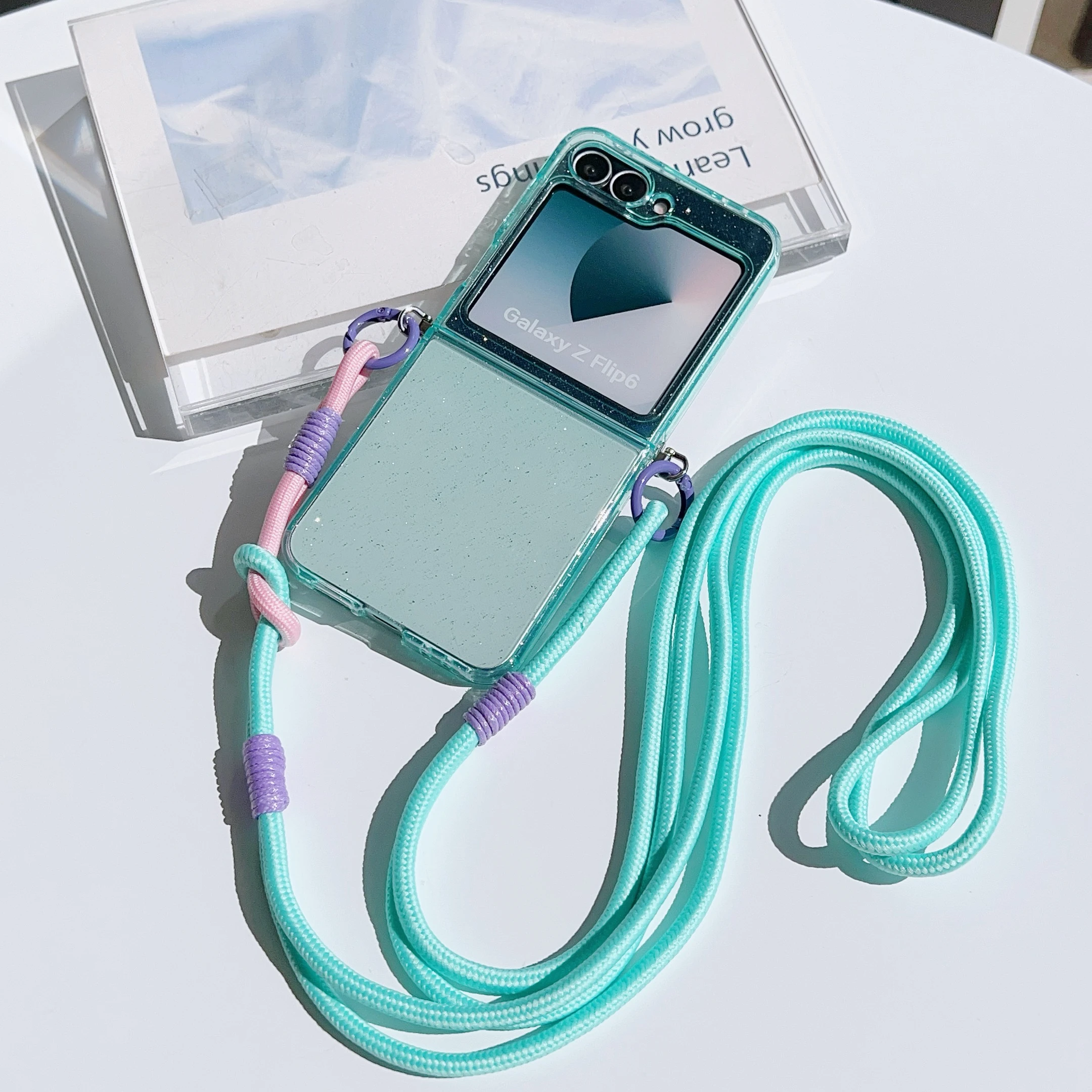 Crossbody Lanyard Glitter Candy Color Phone Case - Foldable Shockproof Cover