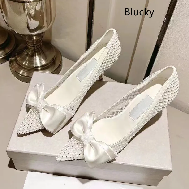 

Women's Luxury Bow Decoration High Heel Slippers Women's Summer Fashion Fishing Net Fashion Thick Heel Slippers