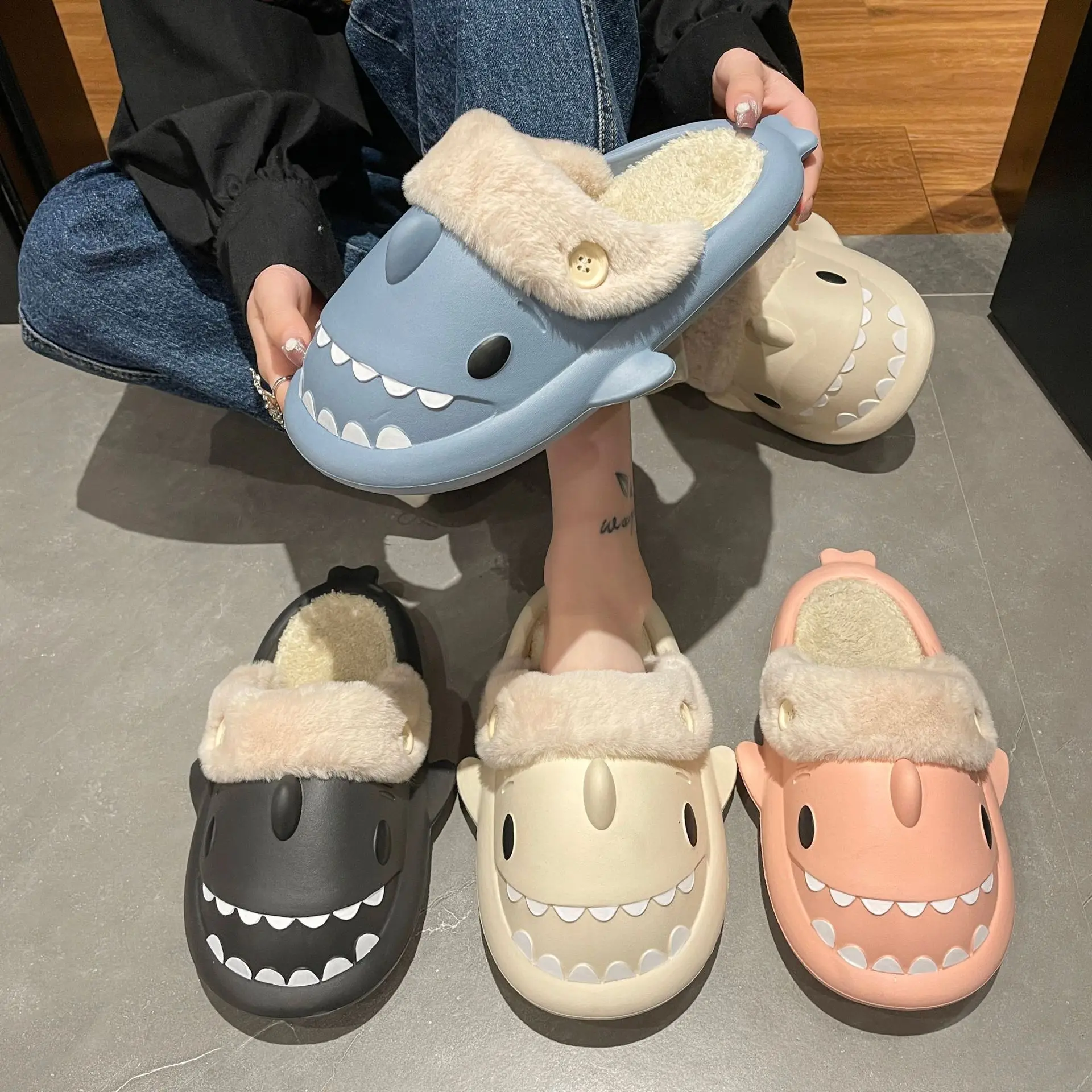 Winter Shark Slippers Woman Cotton Waterproof Sandals Indoor Non-slip Slides Plush Home Warm Couple Shark Flip Flops Flat Shoe 2