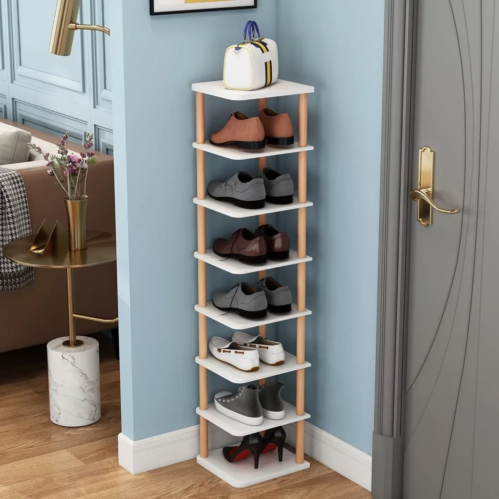 

LUCKNOCK 8 Tiers Vertical Shoe Rack, Narrow Organizer, Stylish Wooden Shoe Storage Stand, Space Saving Shelf Tower