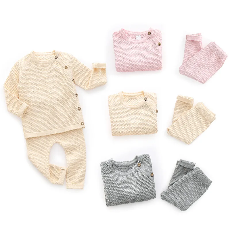 2 pièces automne hiver bébé garçons filles couleur unie vêtements nouveau-né bébé vêtements décontractés costume infantile à manches longues haut + pantalon pyjamas – Image 2
