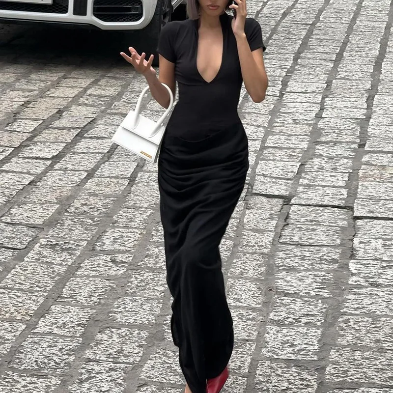 

Zabrina Summer Long Dress Sexy Deep V Short Sleeve Pleated Slim Robe Black High Split Y2k Dresses Club Streetwear Party Holiday