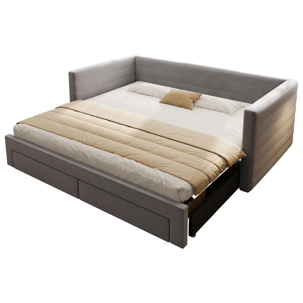 90x190cm Polsterbett, 3-in-1 Ausziehbares Schlafsofa, Multifunktionsbett, mit Schubladen und Gitter, Baumwolle und Leinen, ohne Matratze – Detail 28